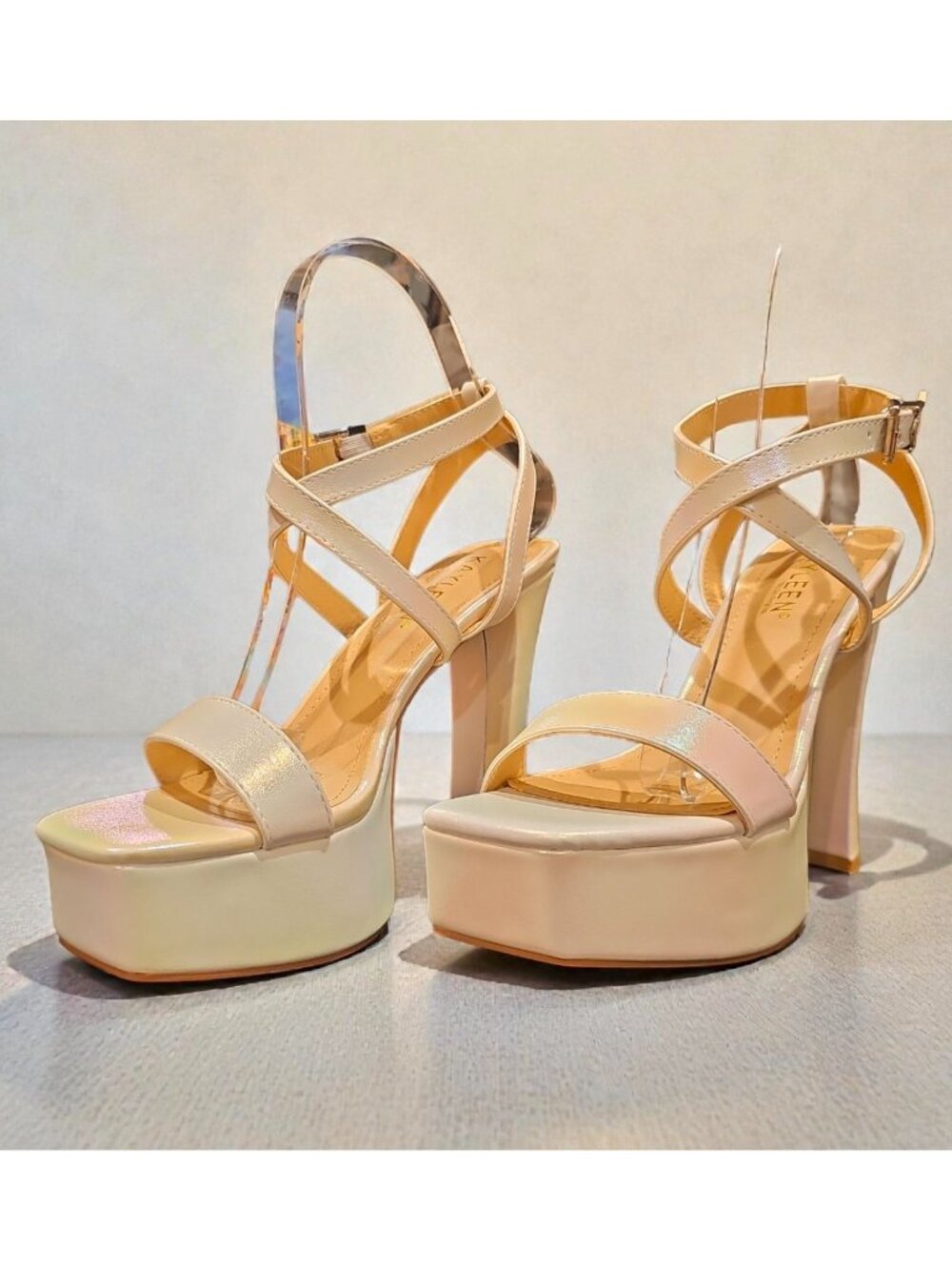 Iridescent Pearl Platform High Heel Strappy Sandals With Ankle Buckle